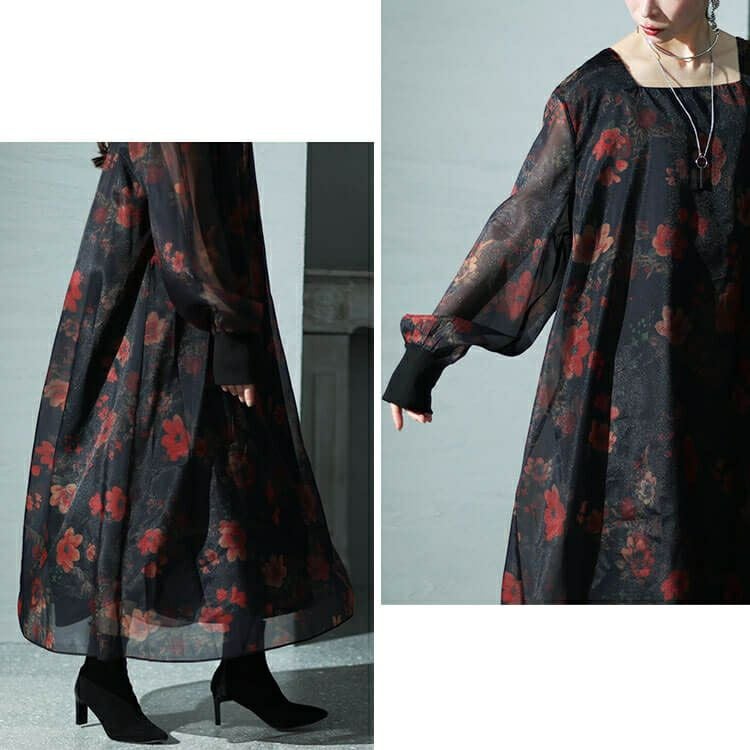 大きいサイズ レディース オーガンジー花柄ワンピース　nw-23038