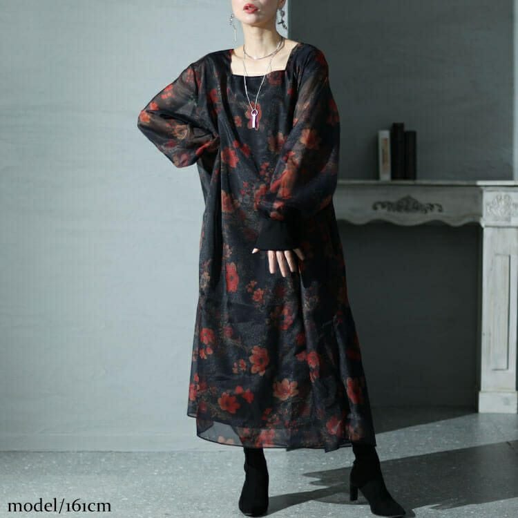 大きいサイズ レディース オーガンジー花柄ワンピース　nw-23038