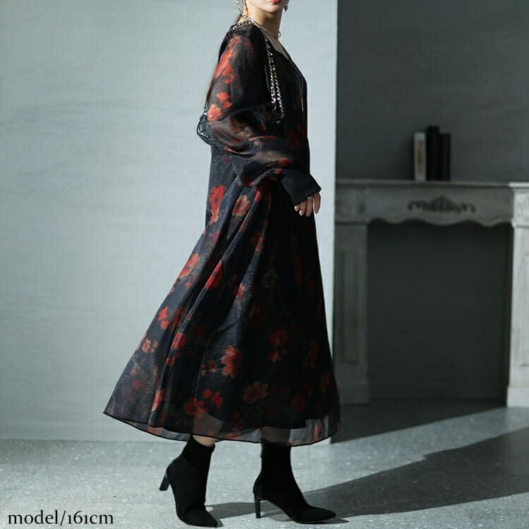 大きいサイズ レディース オーガンジー花柄ワンピース　nw-23038