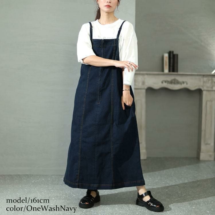 大きいサイズ レディース フロントジッパーデニムジャンパースカート　wd-0385 ワンウォッシュネイビー