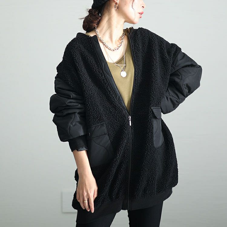 HUNTER 背負える 美品⭐︎中綿コートジャケット S 黒 大きいサイズ レディース ボア切替え中綿キルティングジャケット kt