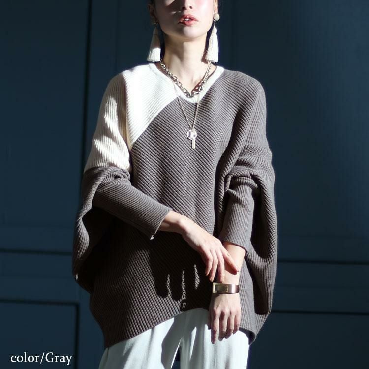 大きいサイズ レディース 配色Vネックドルマンニット　kt-109 グレー
