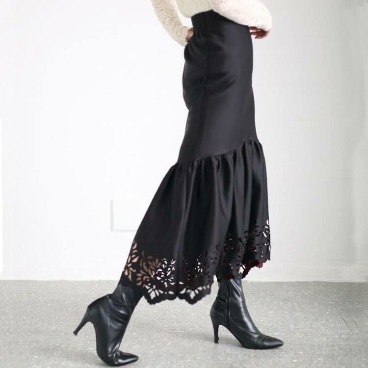 大きいサイズ レディース カッティングレースマーメイドスカート　jp492 ブラック
