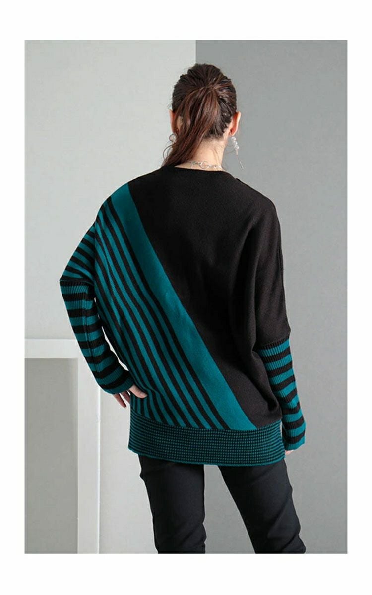 大きいサイズ レディース 日本製変形ボーダードルマンニット　kt-065