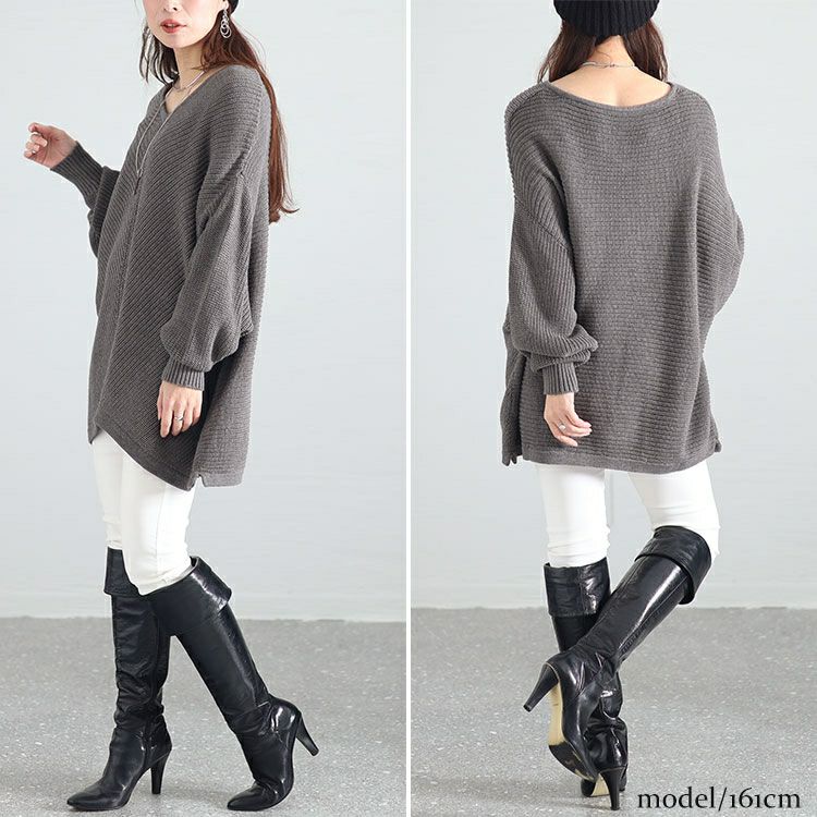 大きいサイズ レディース Vネックオーバーデザインドルマンニット　wn-0191