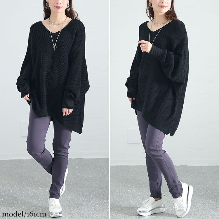 大きいサイズ レディース Vネックオーバーデザインドルマンニット　wn-0191