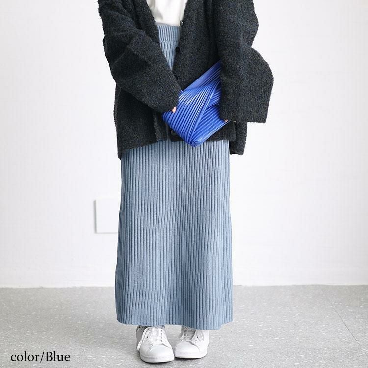 大きいサイズ レディース リブニットスリット入りナロースカート　sada-6890 ブルー