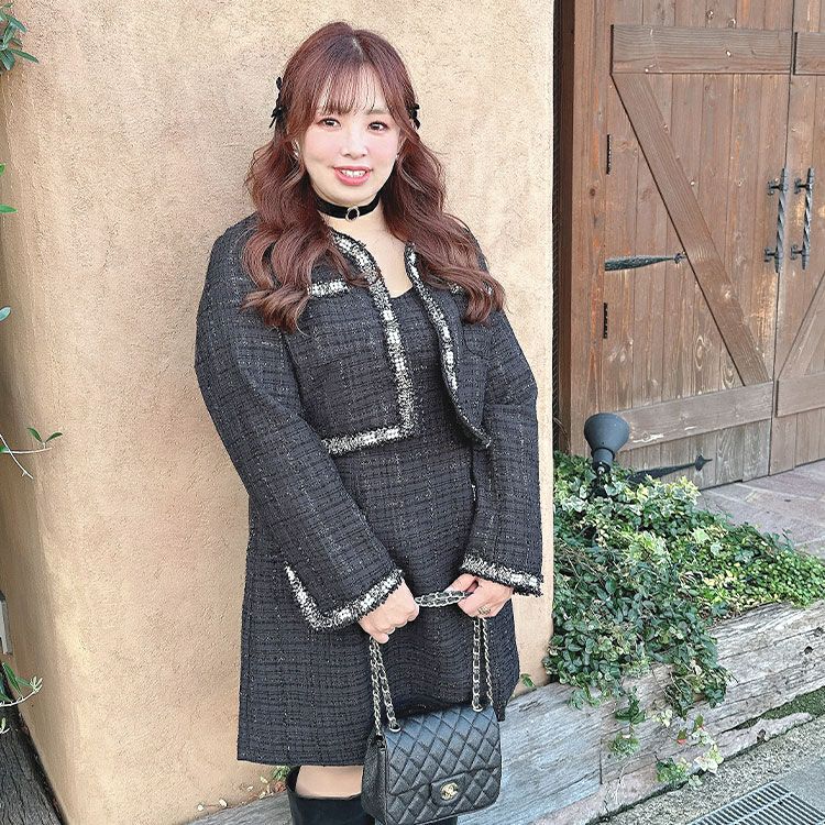 大きいサイズ レディース ツイードジャケット＆キャミソールワンピース2セット　goldy-1413