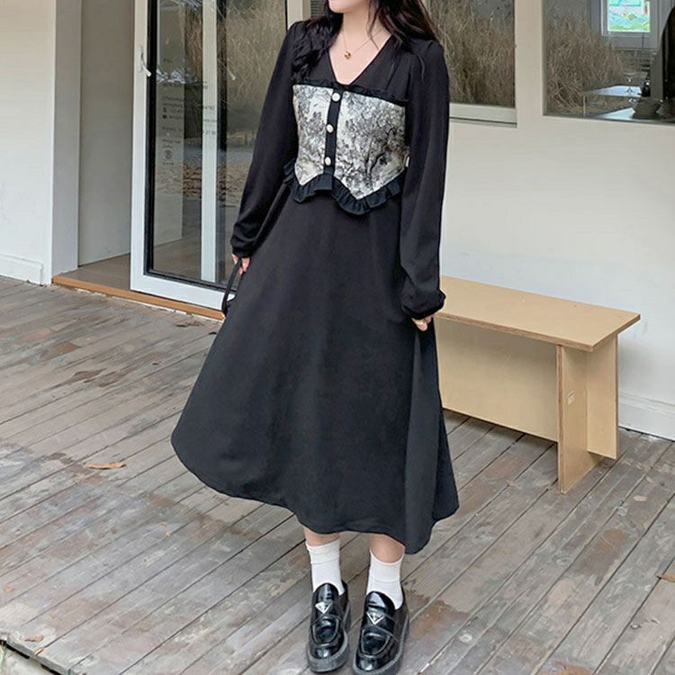 大きいサイズ レディース ビスチェ重ね風ロングワンピース　goldy-1410