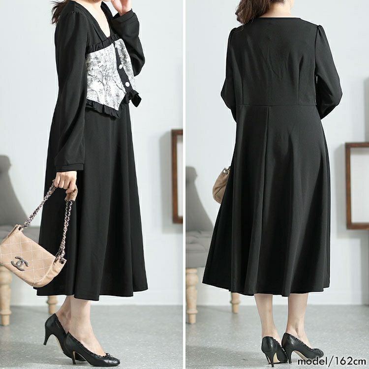 大きいサイズ レディース ビスチェ重ね風ロングワンピース　goldy-1410