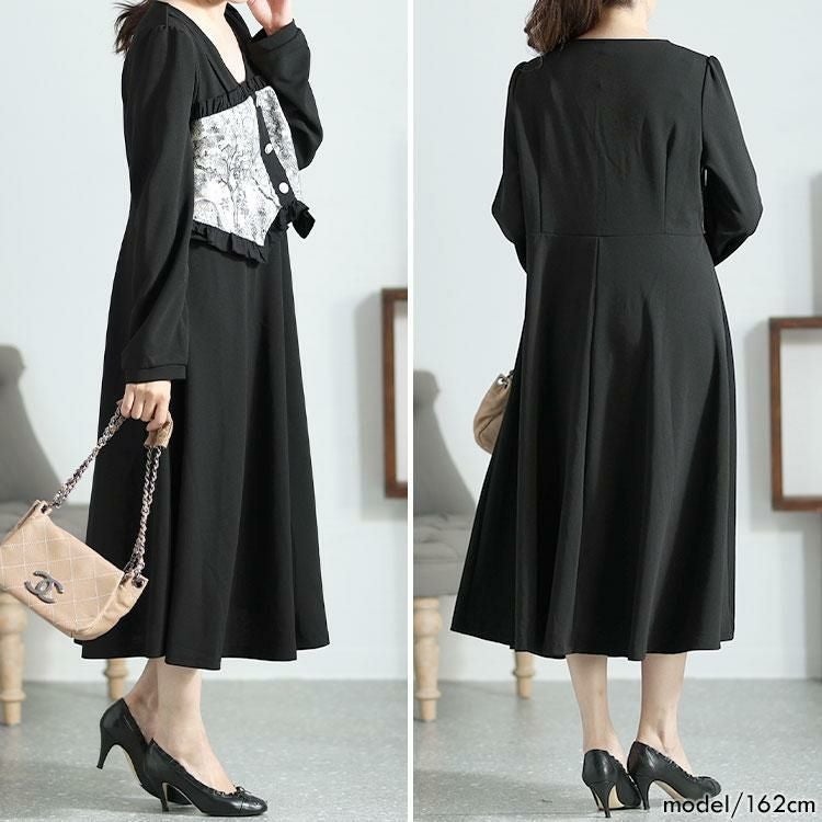 大きいサイズ レディース ビスチェ重ね風ロングワンピース　goldy-1410 ブラック