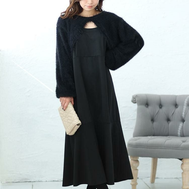 大きいサイズ レディース ニットショートボレロ＆キャミワンピース2点セット　fem-420 ブラック