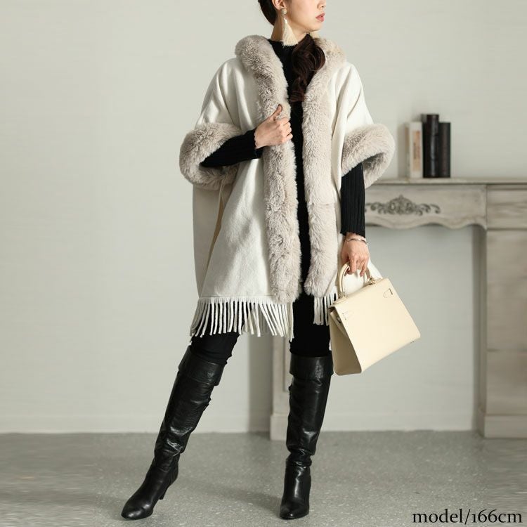 大きいサイズ レディース ファー切り替えフリンジポンチョ　sn-00001