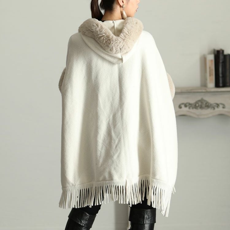 大きいサイズ レディース ファー切り替えフリンジポンチョ　sn-00001