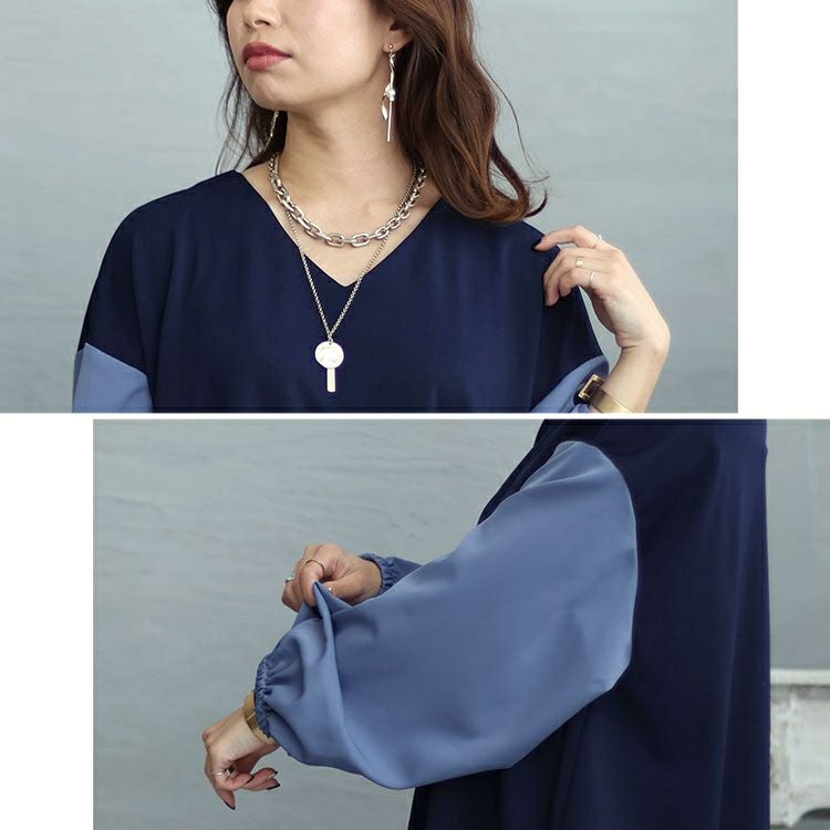 大きいサイズ レディース 異素材バイカラー切り替えコクーンチュニック　fem-428