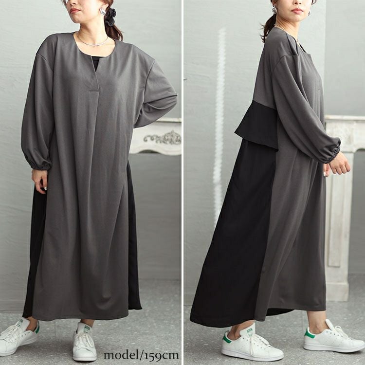 大きいサイズ レディース バックフリルバイカラーワンピース　fem-426