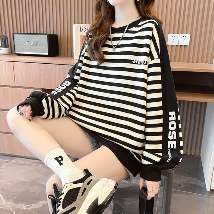 大きいサイズ レディース 袖ロゴボーダースウェット　goldy-1423