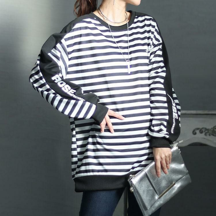 大きいサイズ レディース 袖ロゴボーダースウェット　goldy-1423 ブラック