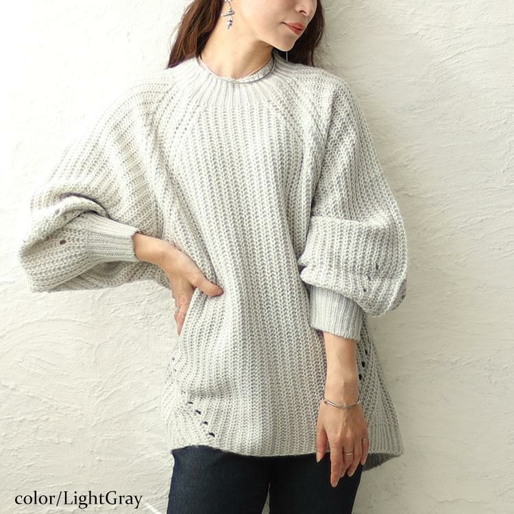 大きいサイズ レディース モヘアライクボリュームスリーブラグランニット　wn-0202 ライトグレー