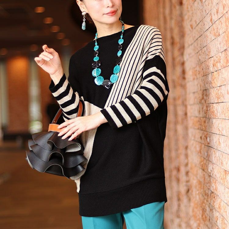 大きいサイズ レディース 日本製ボートネックバイカラーボーダーニット　kt-108