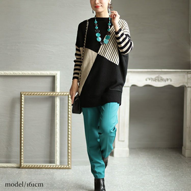 大きいサイズ レディース 日本製ボートネックバイカラーボーダーニット　kt-108