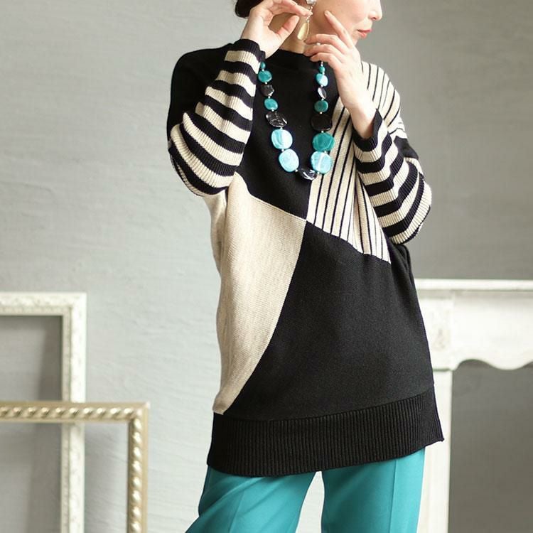 大きいサイズ レディース 日本製ボートネックバイカラーボーダーニット　kt-108 ブラック