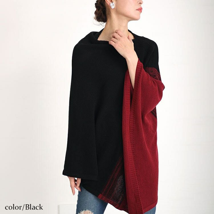 大きいサイズ レディース 日本製バイカラーハイネックアシンメトリーニットポンチョ　kt-121