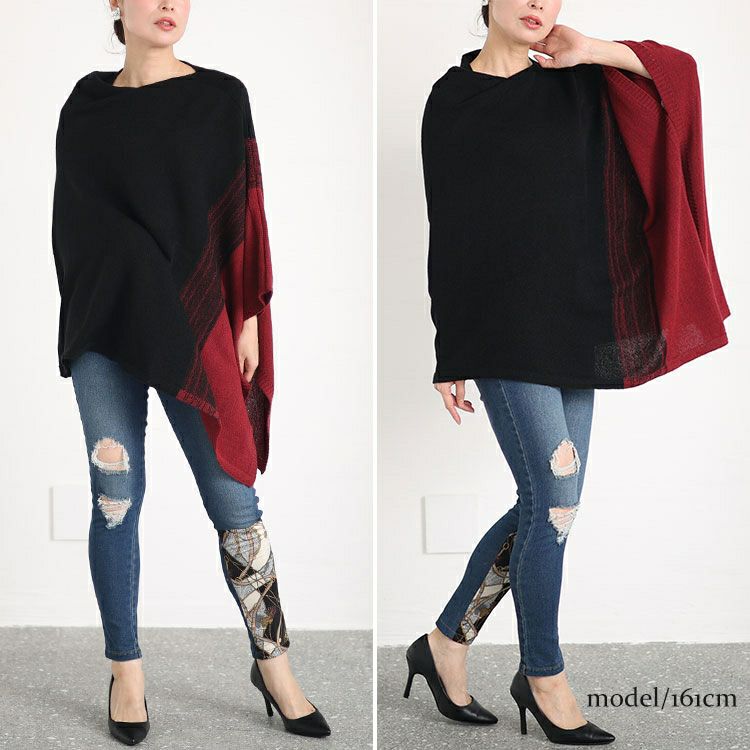 大きいサイズ レディース 日本製バイカラーハイネックアシンメトリーニットポンチョ　kt-121