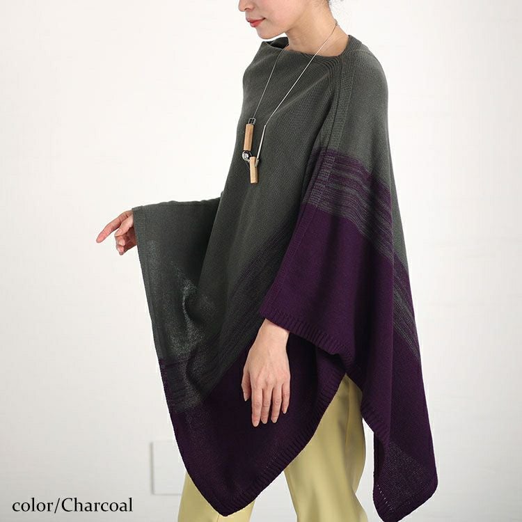 大きいサイズ レディース 日本製バイカラーハイネックアシンメトリーニットポンチョ　kt-121