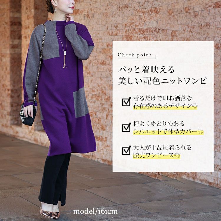 大きいサイズ レディース 日本製ミニハイネックバイカラーニット