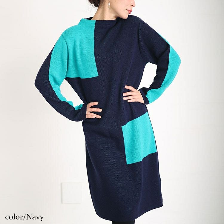 大きいサイズ レディース 日本製ミニハイネックバイカラーニットワンピース　kt-120