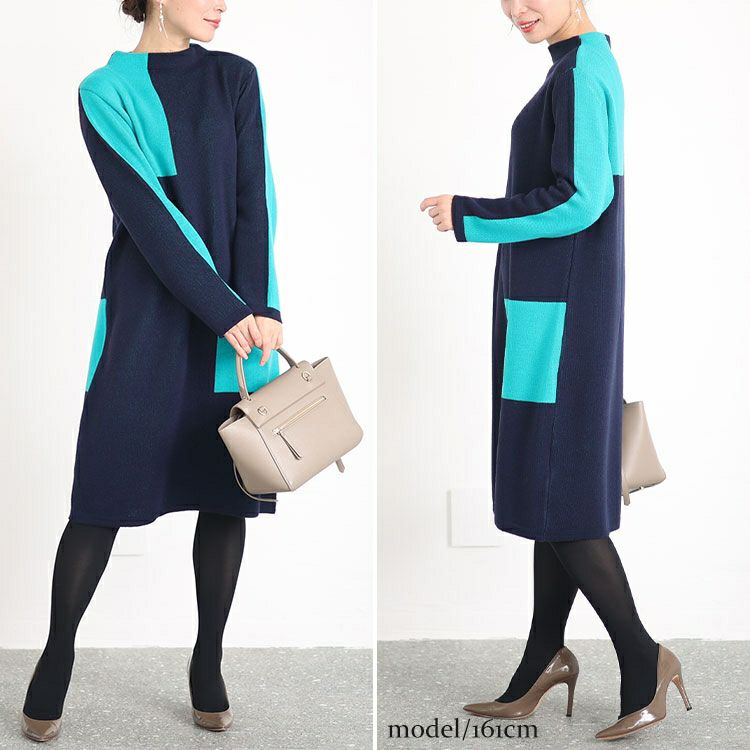 大きいサイズ レディース 日本製ミニハイネックバイカラーニットワンピース　kt-120