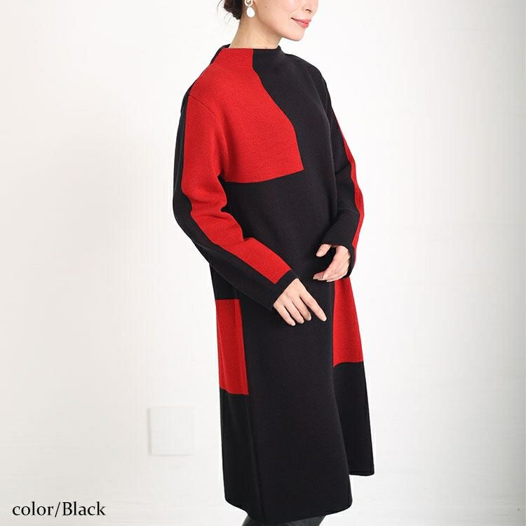 大きいサイズ レディース 日本製ミニハイネックバイカラーニットワンピース　kt-120