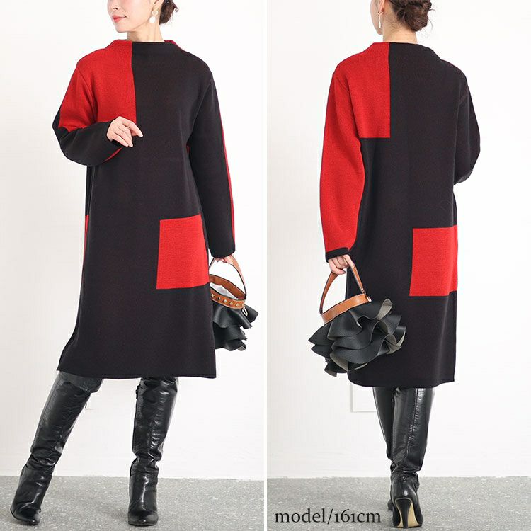 大きいサイズ レディース 日本製ミニハイネックバイカラーニットワンピース　kt-120