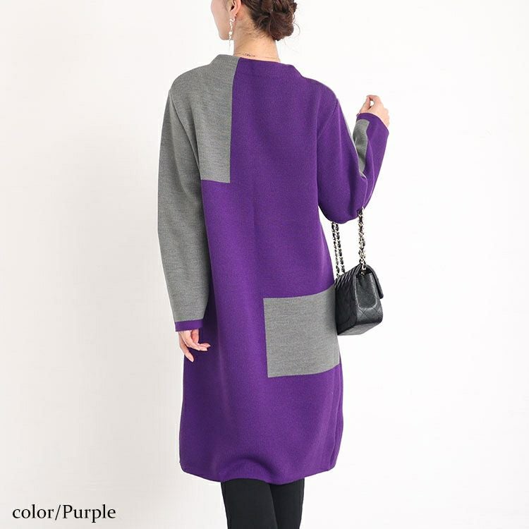 大きいサイズ レディース 日本製ミニハイネックバイカラーニットワンピース　kt-120