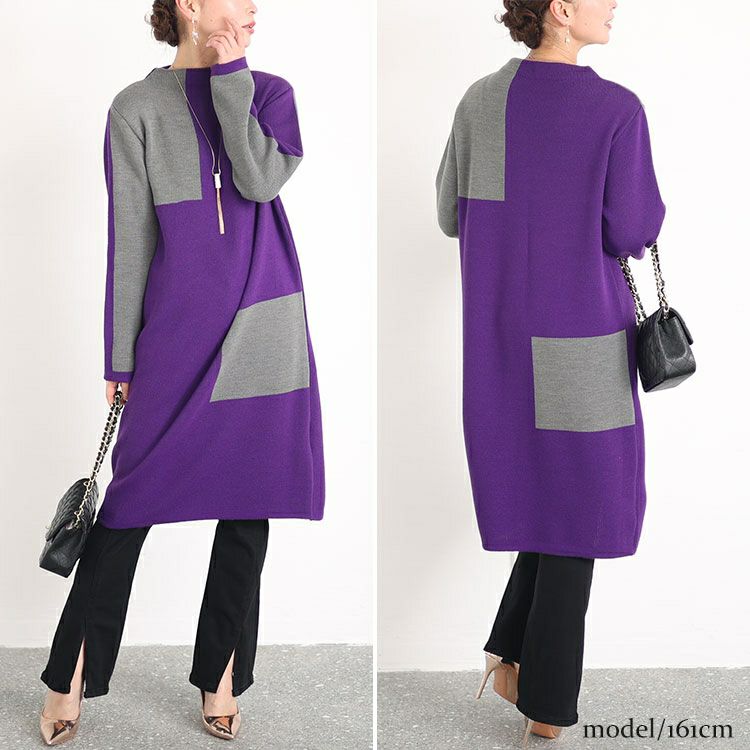 大きいサイズ レディース 日本製ミニハイネックバイカラーニットワンピース　kt-120