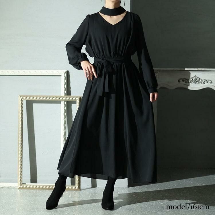 大きいサイズ レディース リボン付き前後2wayシフォンワンピース　jp483 ブラック