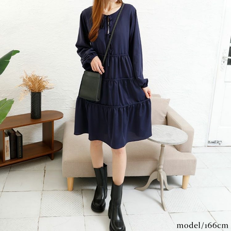 大きいサイズ レディース ボリュームスリーブティアードワンピース　fem-433