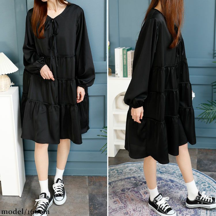 大きいサイズ レディース ボリュームスリーブティアードワンピース　fem-433