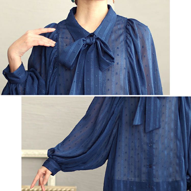 大きいサイズ レディース ボウタイ付きボリュームスリーブストライプブラウス　fem-431