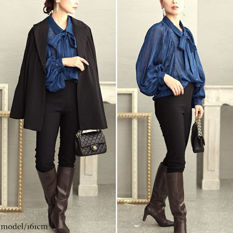 大きいサイズ レディース ボウタイ付きボリュームスリーブストライプブラウス　fem-431