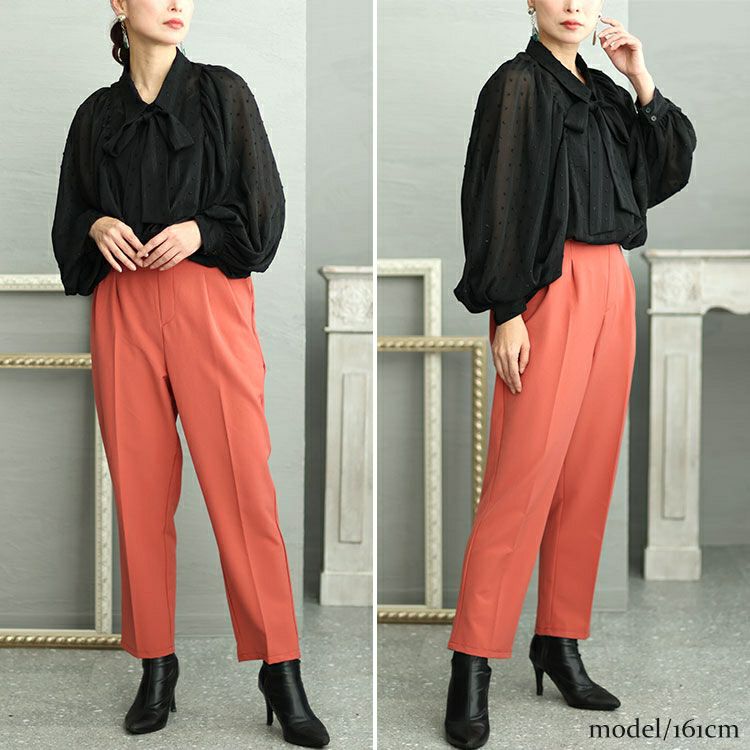 大きいサイズ レディース ボウタイ付きボリュームスリーブストライプブラウス　fem-431