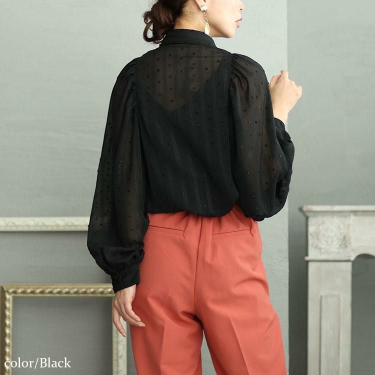 大きいサイズ レディース ボウタイ付きボリュームスリーブストライプブラウス　fem-431 ブラック