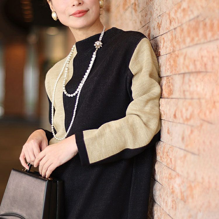 大きいサイズ レディース 日本製バイカラーオフネックニットチュニック　kt-122