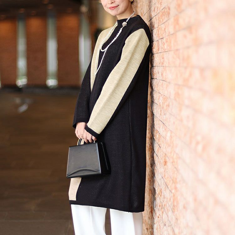 大きいサイズ レディース 日本製バイカラーオフネックニットチュニック　kt-122