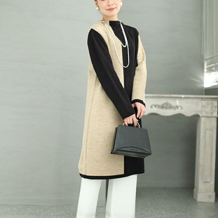 大きいサイズ レディース 日本製バイカラーオフネックニットチュニック　kt-122