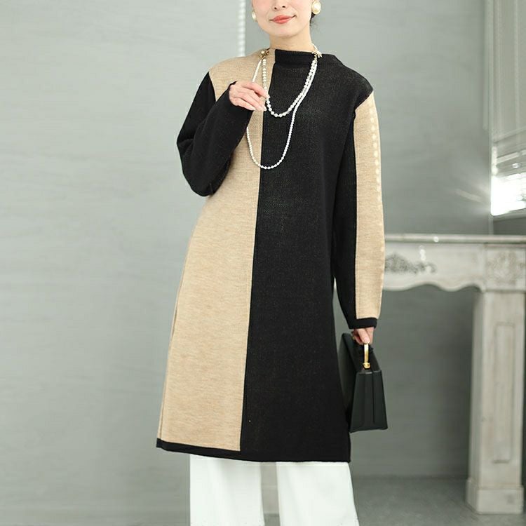 大きいサイズ レディース 日本製バイカラーオフネックニットチュニック　kt-122