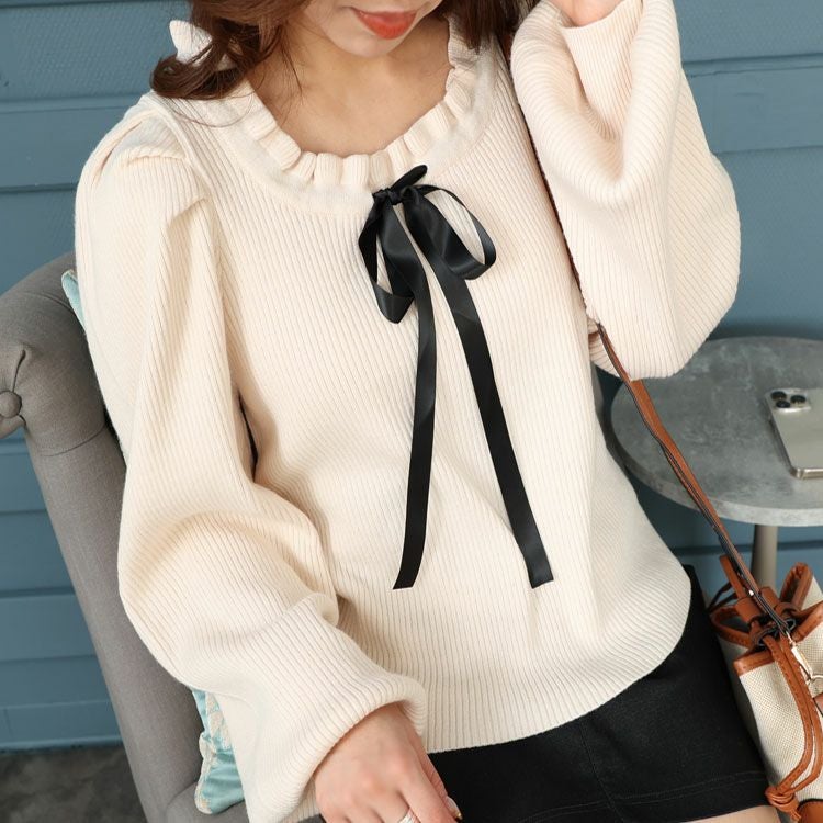 大きいサイズ レディース サテンリボン付きボリュームスリーブニット　jps025