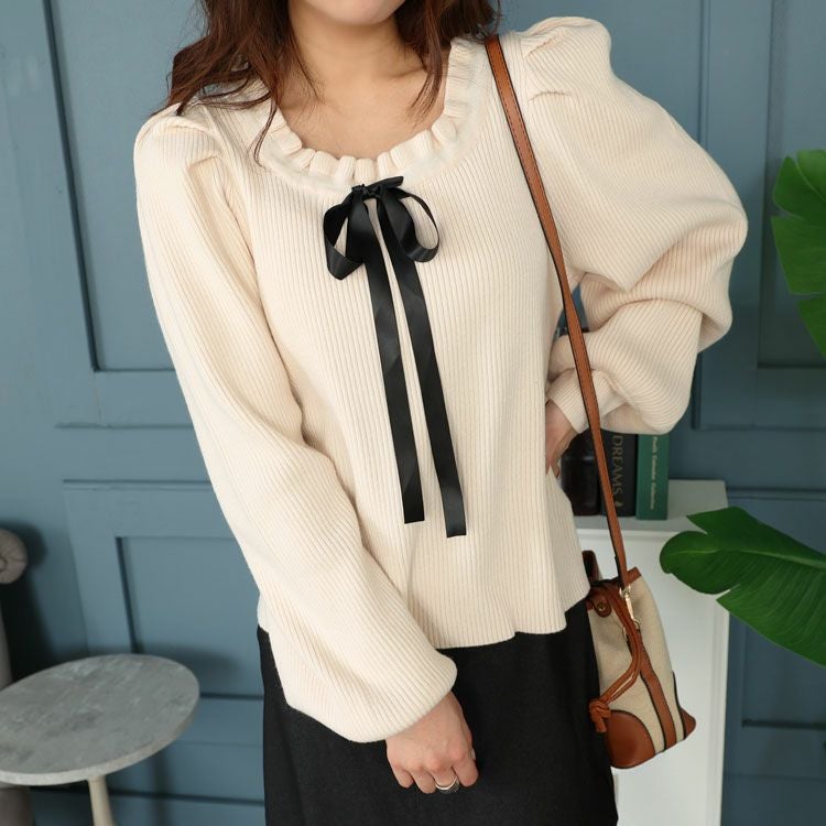 大きいサイズ レディース サテンリボン付きボリュームスリーブニット　jps025