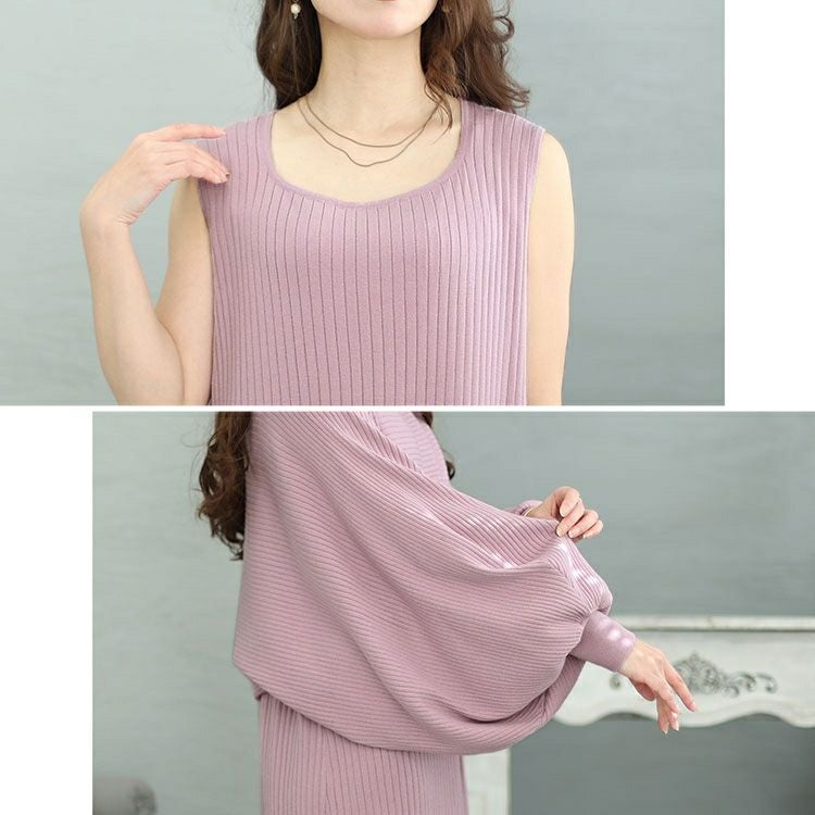 大きいサイズ レディース ボリュームスリーブニット＆リブワンピース2点セット　jps028